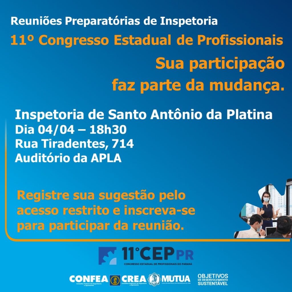 Profissional, registre sua proposta no link disponível em seu acesso restrito no site do Crea-PR: 
https://servicos.crea-pr.org.br/restrito/login

Inscreva-se aqui para participar:
www.crea-pr.org.br/eventos

Sua participação faz parte da mudança.
Para mais informações acesse: https://www.crea-pr.org.br/11cep/
